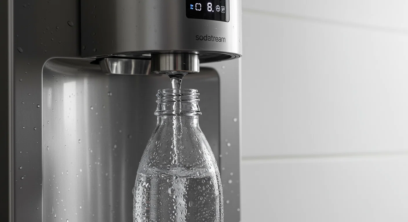 冷蔵庫で冷やした水をソーダストリームのボトルに入れる様子