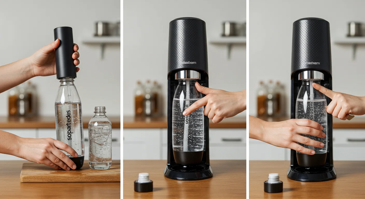 ソーダストリームで炭酸水を作る手順を示す様子