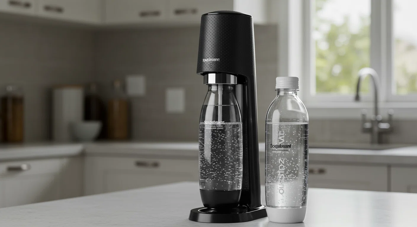 キッチンに置かれたソーダストリームの本体と専用ボトル