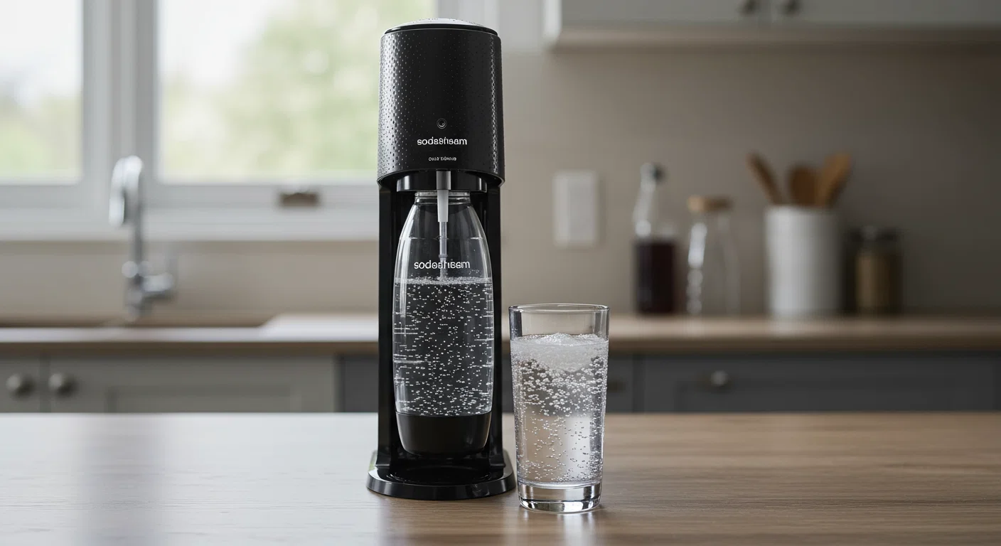 ソーダストリーム本体と炭酸水が入ったグラス