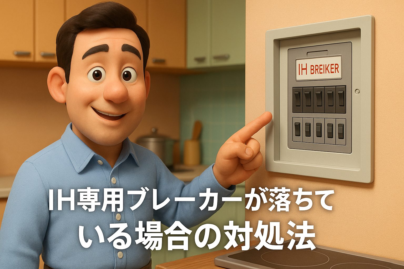 3D男性専門家キャラクターが分電盤を指差して説明